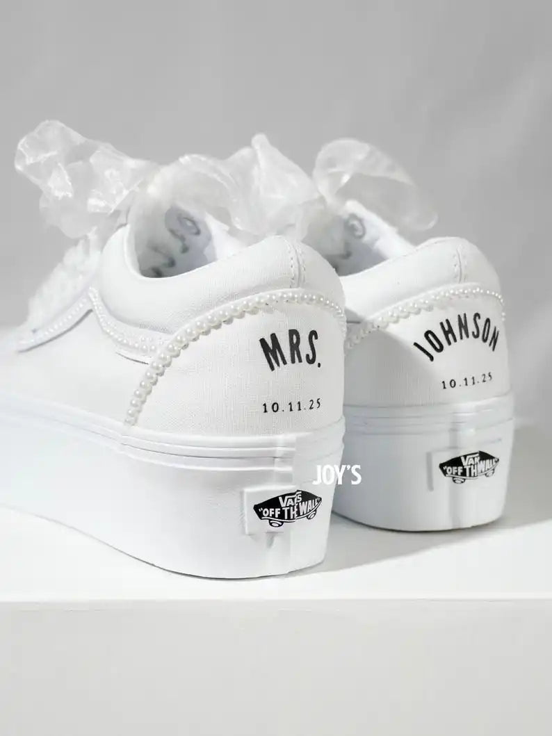 Custom Air Force 1 White Pearl Decor Platform Wedding Bridal Shoes, Personalized Name & Wedding Date Organza Bow Lace Bride Custom Sneakers Wedding Gift