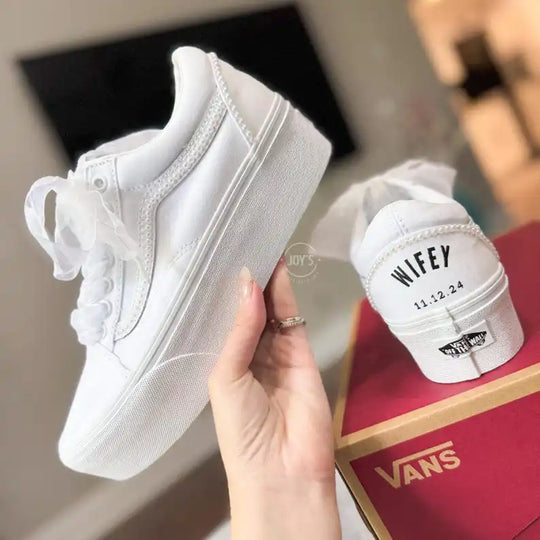 Custom Air Force 1 White Pearl Decor Platform Wedding Bridal Shoes, Personalized Name & Wedding Date Organza Bow Lace Bride Custom Sneakers Wedding Gift