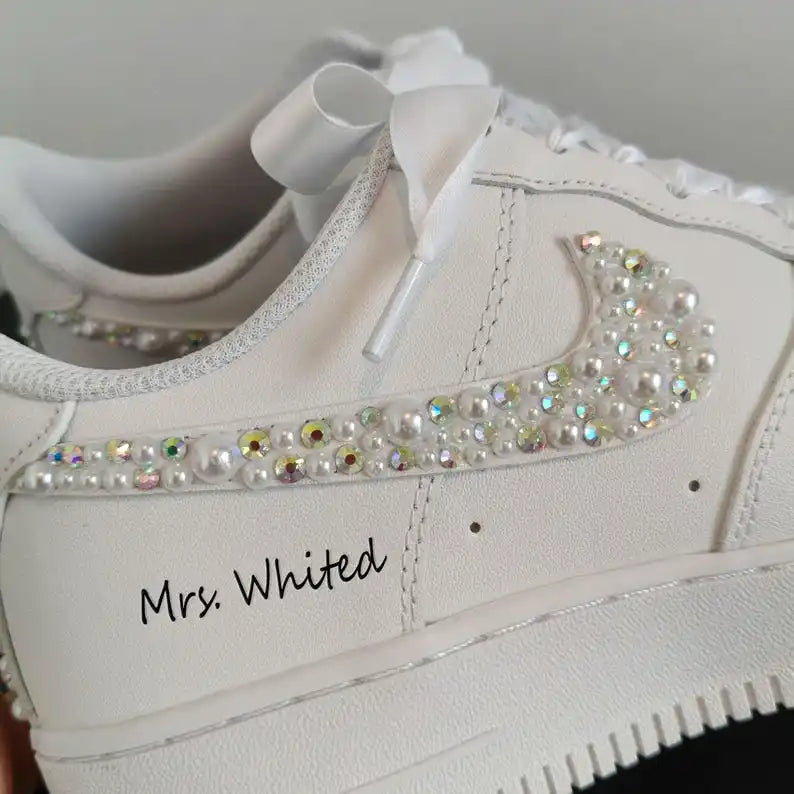 Personalized Pearl & Iridescent Rhinestone Decorated White Bridal Custom Air Force 1, Custom Sneakers With Customizable Name Wedding Date Satin Ribbon Laces For Bride