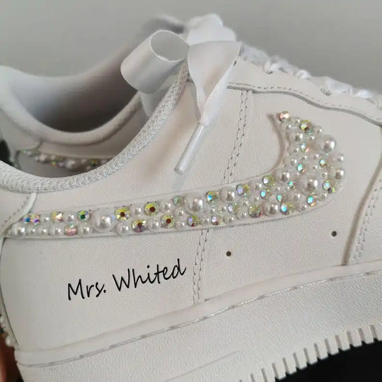 Personalized Pearl & Iridescent Rhinestone Decorated White Bridal Custom Air Force 1, Custom Sneakers With Customizable Name Wedding Date Satin Ribbon Laces For Bride