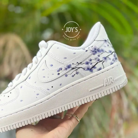 Hand Painted Purple Cherry Blossom Custom Air Force 1, Aesthetic Falling Floral Petal Design Custom Sneakers, Unique White Casual Streetwear Shoes with Optional Gradient Purple Laces for Men & Women
