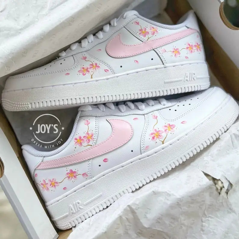 Hand Painted Pink Cherry Blossom Custom Air Force 1, White Sweet Floral Women's Custom Sneakers with Interchangeable Laces Aesthetic Casual Gift Shoes