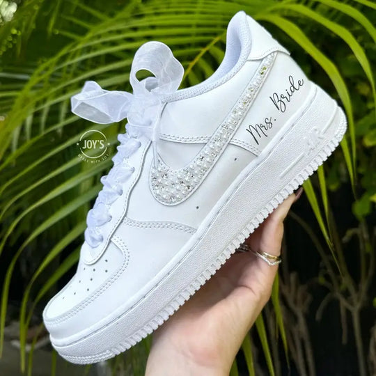 Personalized Custom Name Pearl Rhinestone Bridal Custom Air Force 1 Custom Sneakers White Organza Bow Lace Comfortable Wedding Bride Shoes