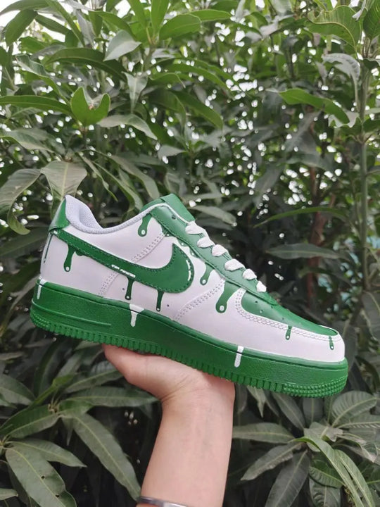 Unique Hand Painted Dark Green Drip Effect Custom Air Force 1 Unisex Fashion Casual Streetwear Custom Sneakers