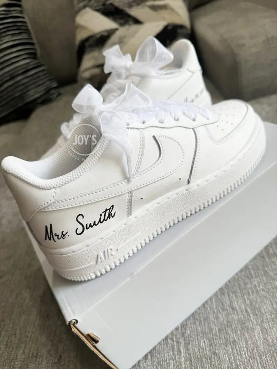 Personalized Custom Name Pearl Rhinestone Bridal Custom Air Force 1 Custom Sneakers White Organza Bow Lace Comfortable Wedding Bride Shoes