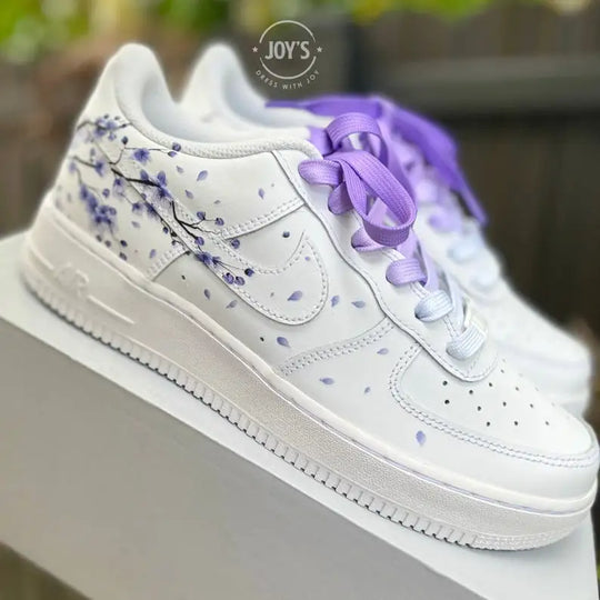 Hand Painted Purple Cherry Blossom Custom Air Force 1, Aesthetic Falling Floral Petal Design Custom Sneakers, Unique White Casual Streetwear Shoes with Optional Gradient Purple Laces for Men & Women