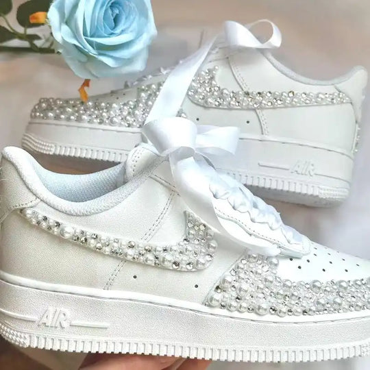 Custom Name & Date Bridal Wedding Pearl Rhinestone Embellished Custom Air Force 1, White Satin Bow Lace Comfortable Bride Custom Sneakers