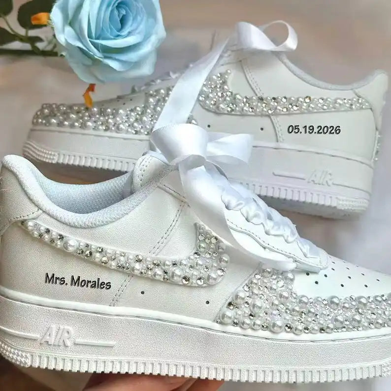 Custom Name & Date Bridal Wedding Pearl Rhinestone Embellished Custom Air Force 1, White Satin Bow Lace Comfortable Bride Custom Sneakers