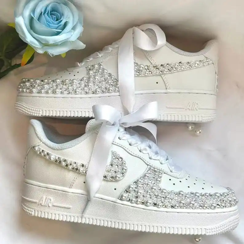 Product Title Custom Name & Date Bridal Wedding Pearl Rhinestone Embellished Custom Air Force 1, White Satin Bow Lace Comfortable Bride Custom Sneakers