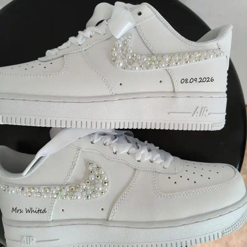 Personalized Pearl & Iridescent Rhinestone Decorated White Bridal Custom Air Force 1, Custom Sneakers With Customizable Name Wedding Date Satin Ribbon Laces For Bride
