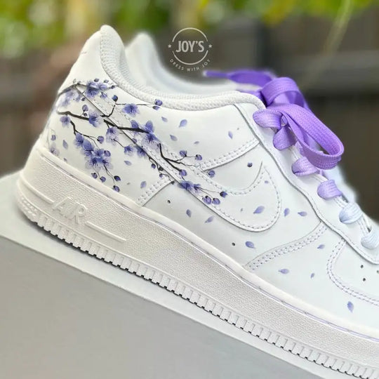 Hand Painted Purple Cherry Blossom Custom Air Force 1, Aesthetic Falling Floral Petal Design Custom Sneakers, Unique White Casual Streetwear Shoes with Optional Gradient Purple Laces for Men & Women