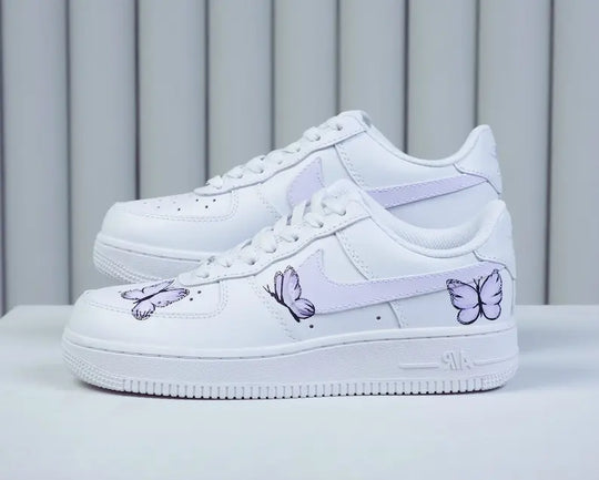 Hand Painted Lavender Butterfly White Custom Air Force 1, Aesthetic Casual Cute Women's Custom Sneakers