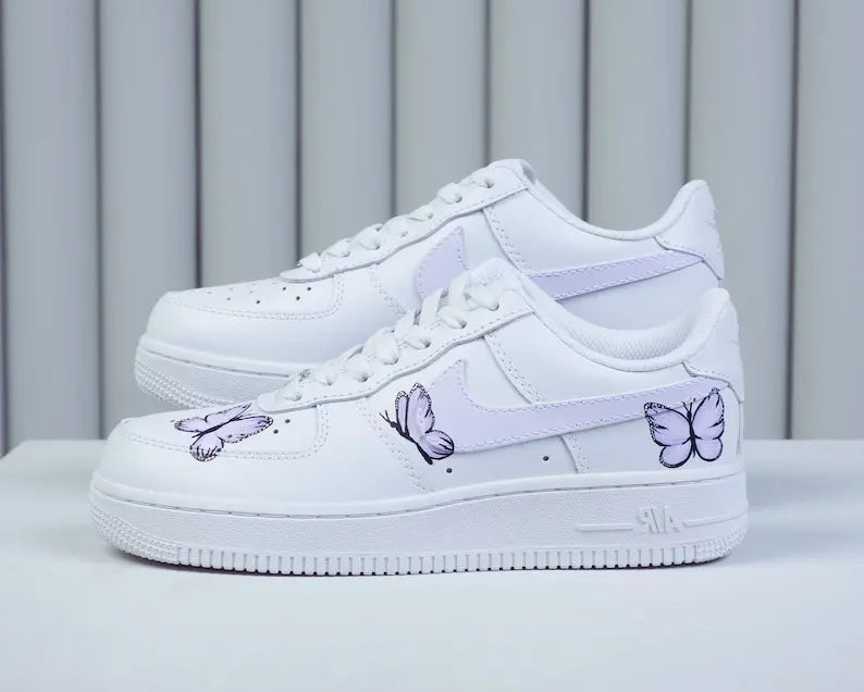 Hand Painted Lavender Butterfly White Custom Air Force 1, Aesthetic Casual Cute Women's Custom Sneakers