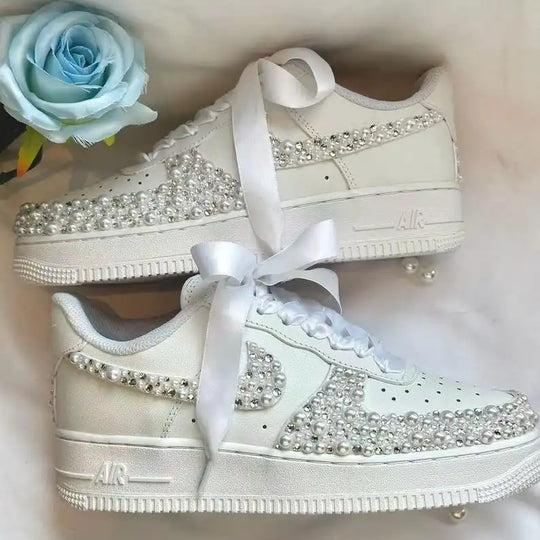 Custom Name & Date Bridal Wedding Pearl Rhinestone Embellished Custom Air Force 1, White Satin Bow Lace Comfortable Bride Custom Sneakers