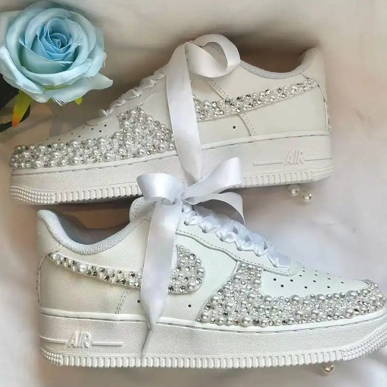 Product Title Custom Name & Date Bridal Wedding Pearl Rhinestone Embellished Custom Air Force 1, White Satin Bow Lace Comfortable Bride Custom Sneakers