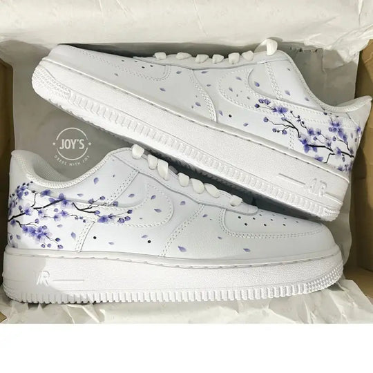 Hand Painted Purple Cherry Blossom Custom Air Force 1, Aesthetic Falling Floral Petal Design Custom Sneakers, Unique White Casual Streetwear Shoes with Optional Gradient Purple Laces for Men & Women