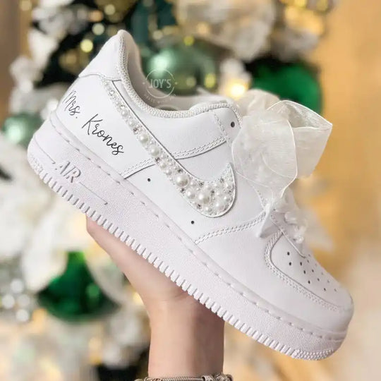 Personalized Custom Name Pearl Rhinestone Bridal Custom Air Force 1 Custom Sneakers White Organza Bow Lace Comfortable Wedding Bride Shoes