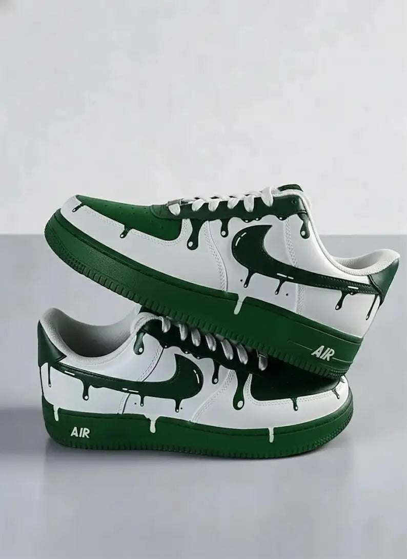 Unique Hand Painted Dark Green Drip Effect Custom Air Force 1 Unisex Fashion Casual Streetwear Custom Sneakers