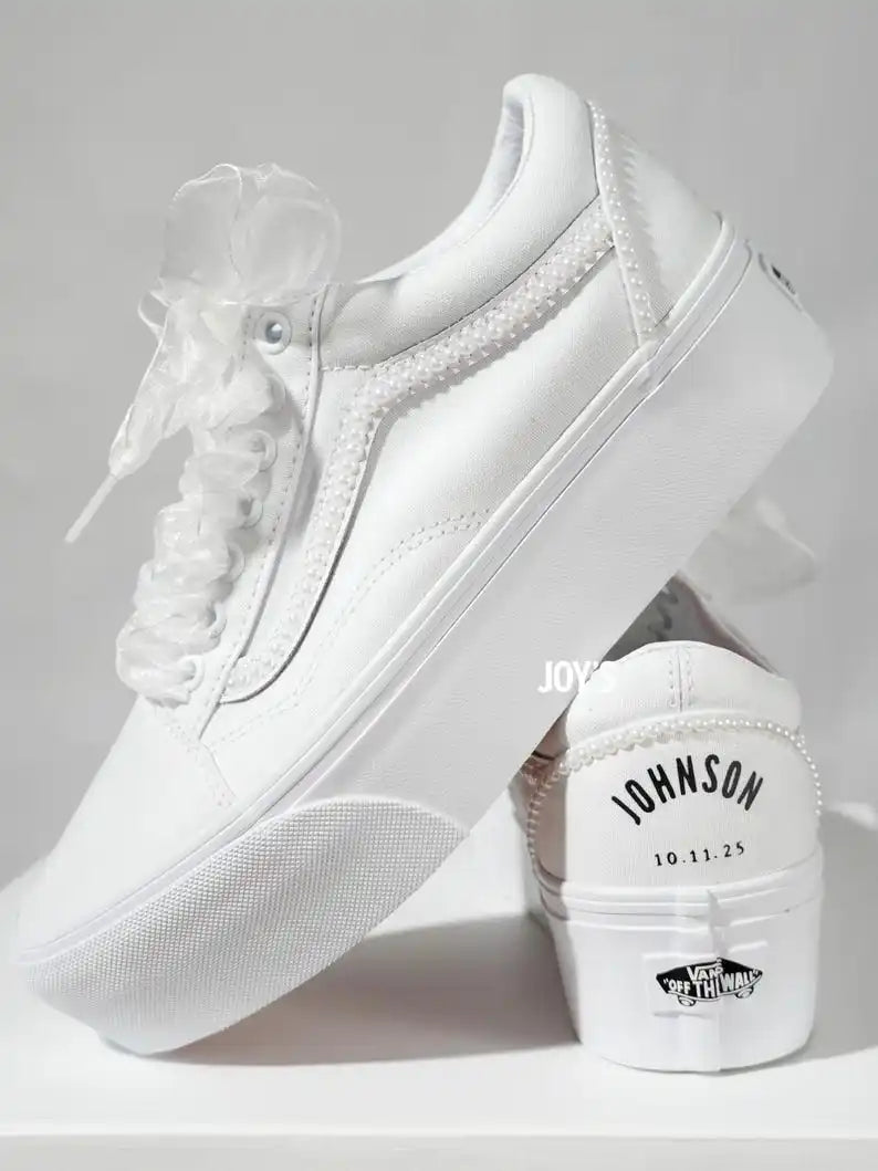 Custom Air Force 1 White Pearl Decor Platform Wedding Bridal Shoes, Personalized Name & Wedding Date Organza Bow Lace Bride Custom Sneakers Wedding Gift