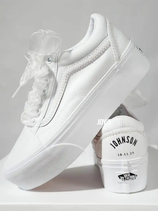 Custom Air Force 1 White Pearl Decor Platform Wedding Bridal Shoes, Personalized Name & Wedding Date Organza Bow Lace Bride Custom Sneakers Wedding Gift