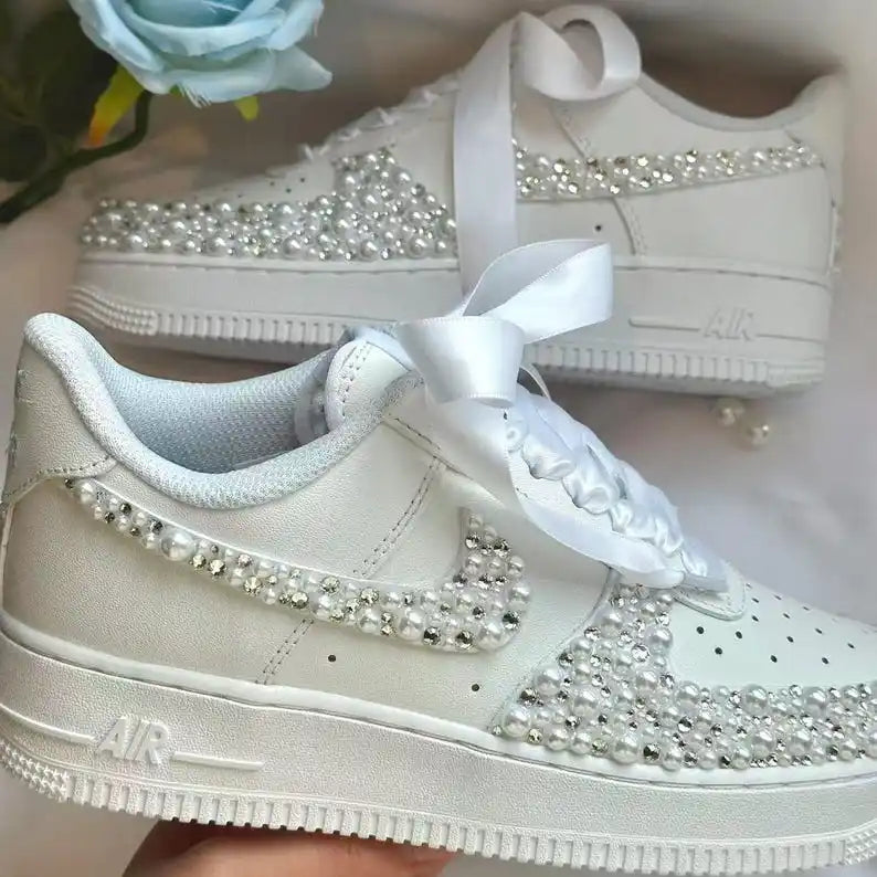 Product Title Custom Name & Date Bridal Wedding Pearl Rhinestone Embellished Custom Air Force 1, White Satin Bow Lace Comfortable Bride Custom Sneakers