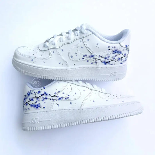 Hand Painted Purple Cherry Blossom Custom Air Force 1, Aesthetic Falling Floral Petal Design Custom Sneakers, Unique White Casual Streetwear Shoes with Optional Gradient Purple Laces for Men & Women