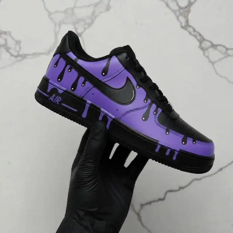 Handcrafted Black Purple Drip Effect Unisex Street Style Custom Air Force 1, Unique Personalized Trendy Custom Sneakers