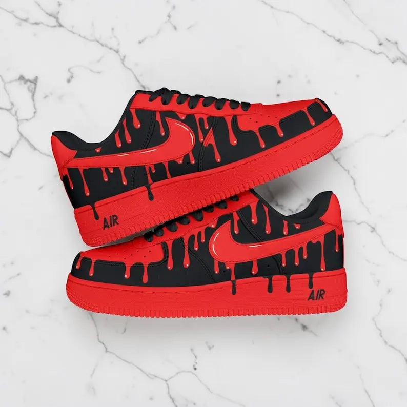 Unique Red & Black Drip Effect Hand Painted Custom Air Force 1 Custom Sneakers Hip Hop Streetwear Unisex Casual Fashion Shoes