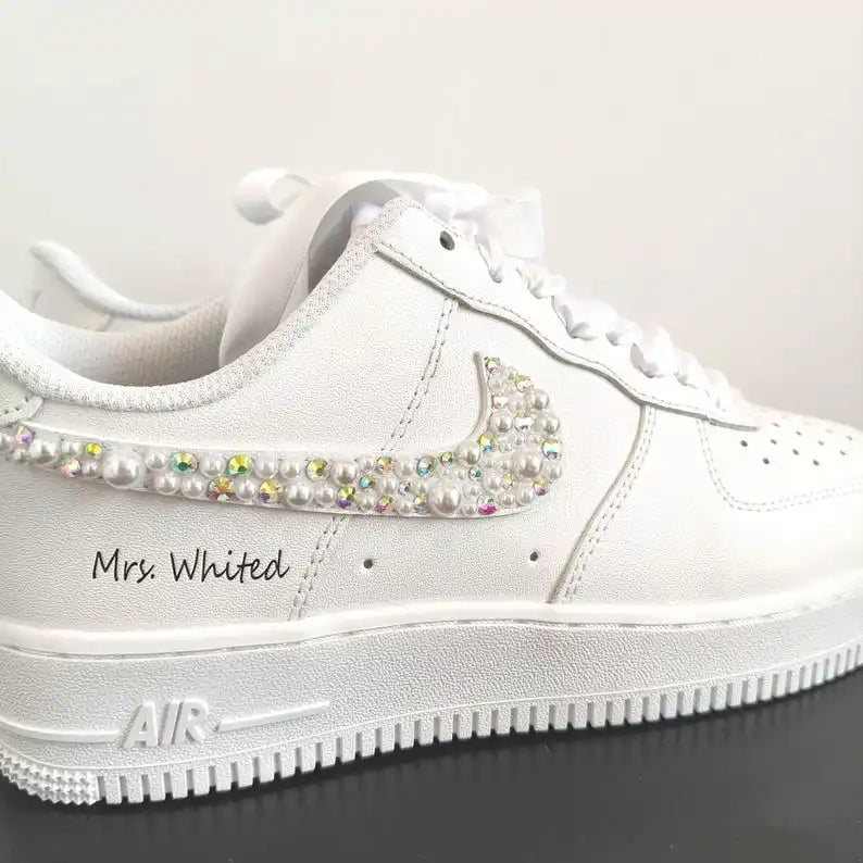 Personalized Pearl & Iridescent Rhinestone Decorated White Bridal Custom Air Force 1, Custom Sneakers With Customizable Name Wedding Date Satin Ribbon Laces For Bride