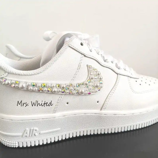 Personalized Pearl & Iridescent Rhinestone Decorated White Bridal Custom Air Force 1, Custom Sneakers With Customizable Name Wedding Date Satin Ribbon Laces For Bride