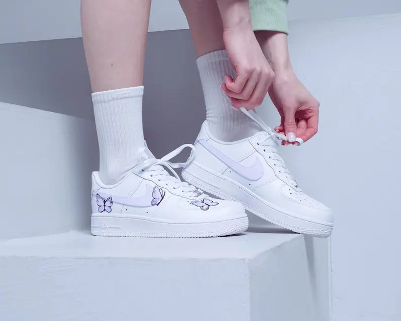 Hand Painted Lavender Butterfly White Custom Air Force 1, Aesthetic Casual Cute Women's Custom Sneakers