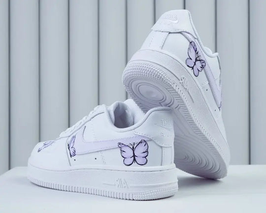 Hand Painted Lavender Butterfly White Custom Air Force 1, Aesthetic Casual Cute Women's Custom Sneakers