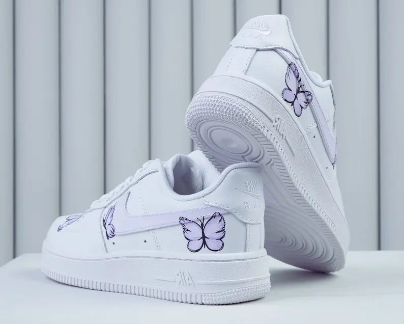Hand Painted Lavender Butterfly White Custom Air Force 1, Aesthetic Casual Cute Women's Custom Sneakers