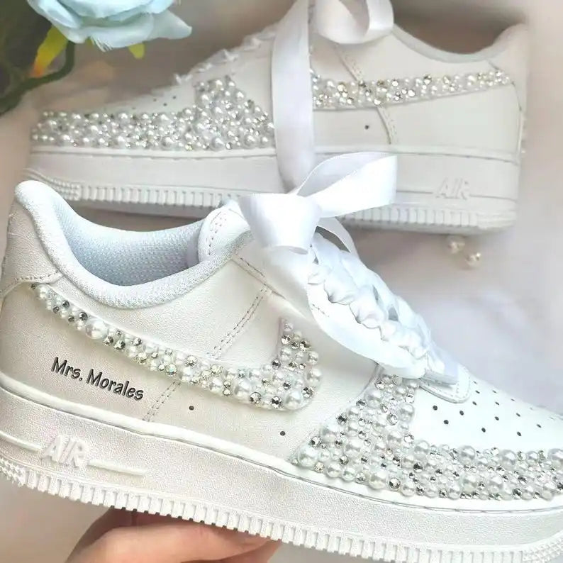 Product Title Custom Name & Date Bridal Wedding Pearl Rhinestone Embellished Custom Air Force 1, White Satin Bow Lace Comfortable Bride Custom Sneakers