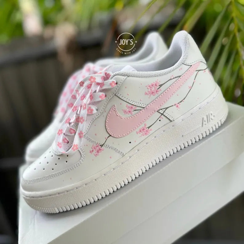 Hand Painted Pink Cherry Blossom Custom Air Force 1, Interchangeable Floral Shoelaces Aesthetic White Custom Sneakers for Women