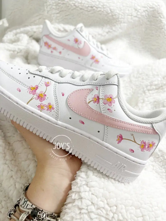 Hand Painted Pink Cherry Blossom Custom Air Force 1, White Sweet Floral Women's Custom Sneakers with Interchangeable Laces Aesthetic Casual Gift Shoes
