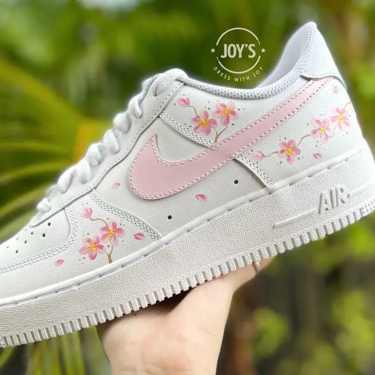 Hand Painted Pink Cherry Blossom Custom Air Force 1, White Sweet Floral Women's Custom Sneakers with Interchangeable Laces Aesthetic Casual Gift Shoes