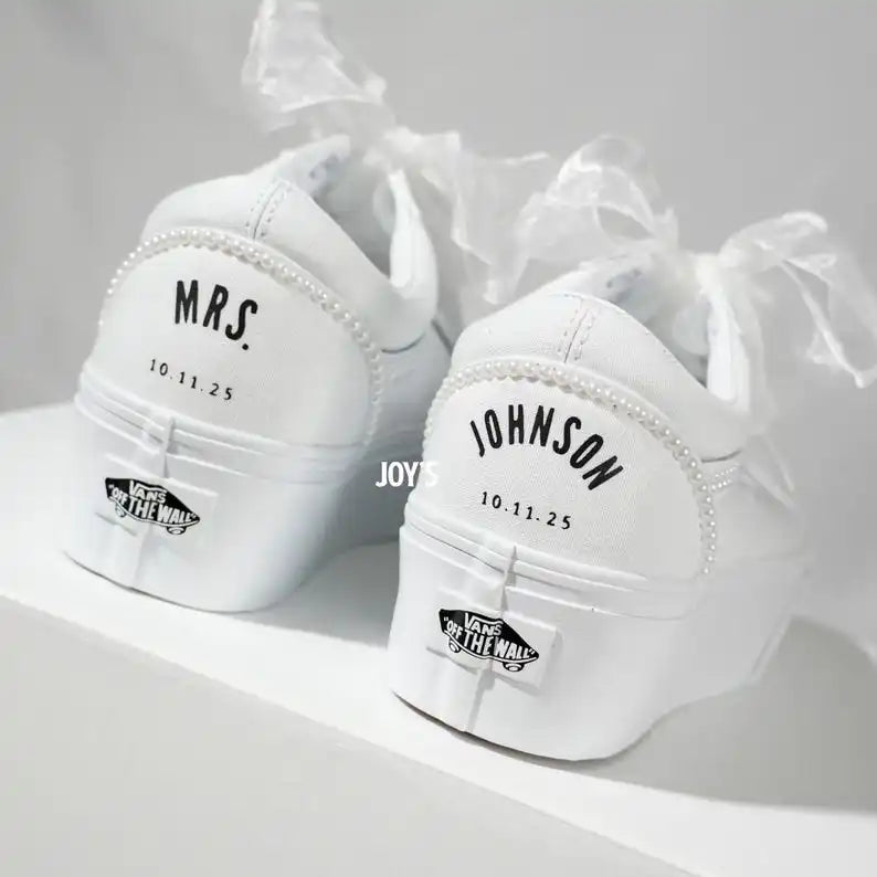 Custom Air Force 1 White Pearl Decor Platform Wedding Bridal Shoes, Personalized Name & Wedding Date Organza Bow Lace Bride Custom Sneakers Wedding Gift