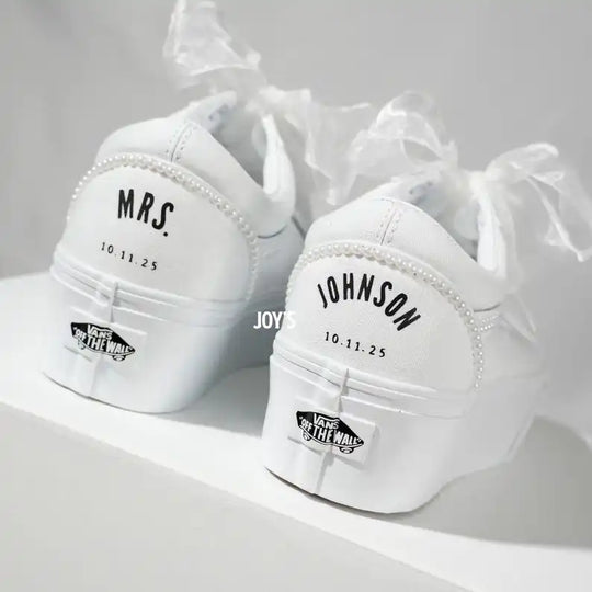 Custom Air Force 1 White Pearl Decor Platform Wedding Bridal Shoes, Personalized Name & Wedding Date Organza Bow Lace Bride Custom Sneakers Wedding Gift