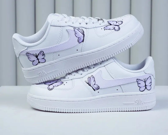 Hand Painted Lavender Butterfly White Custom Air Force 1, Aesthetic Casual Cute Women's Custom Sneakers
