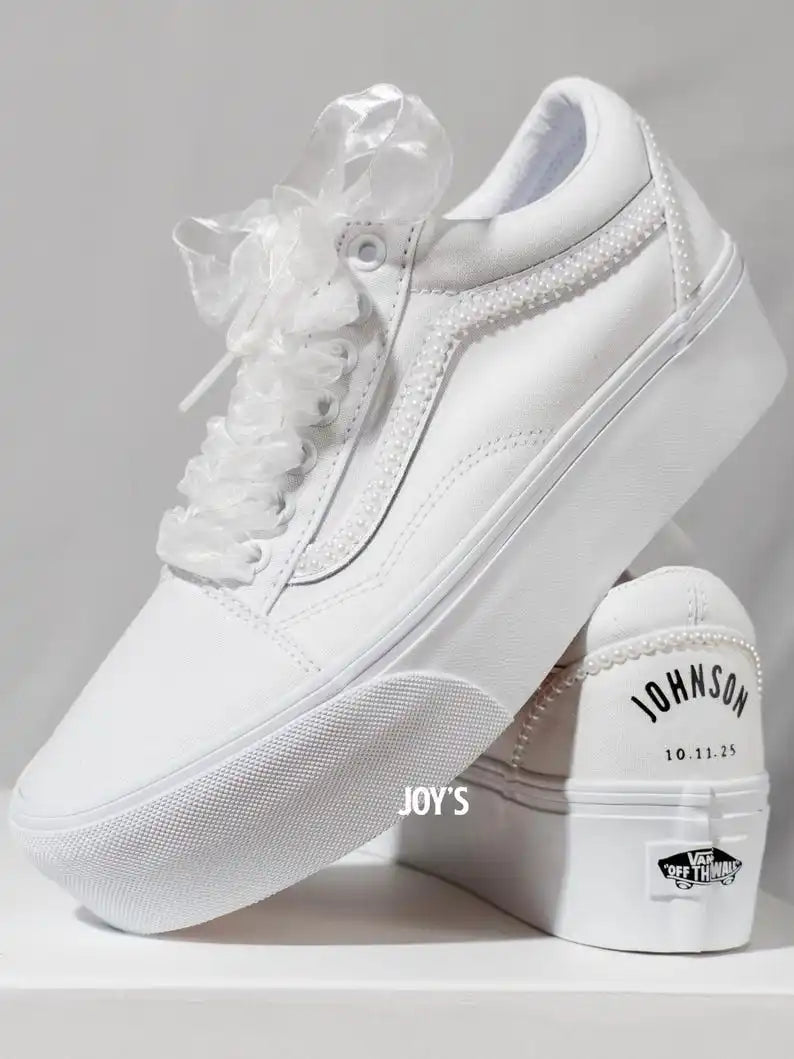 Custom Air Force 1 White Pearl Decor Platform Wedding Bridal Shoes, Personalized Name & Wedding Date Organza Bow Lace Bride Custom Sneakers Wedding Gift