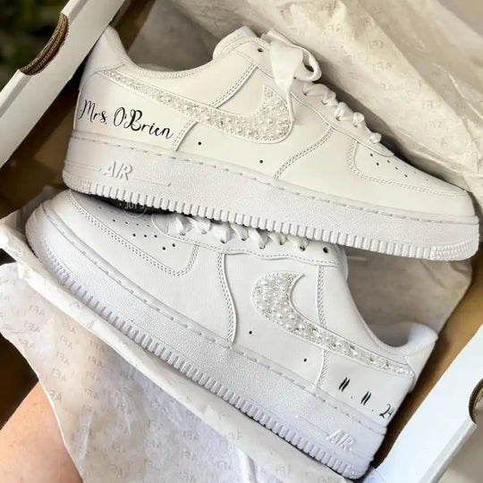 Personalized Custom Name Pearl Rhinestone Bridal Custom Air Force 1 Custom Sneakers White Organza Bow Lace Comfortable Wedding Bride Shoes