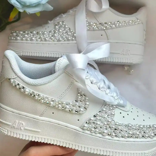 Product Title Custom Name & Date Bridal Wedding Pearl Rhinestone Embellished Custom Air Force 1, White Satin Bow Lace Comfortable Bride Custom Sneakers