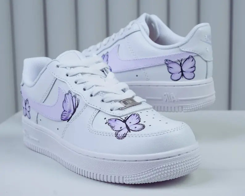 Hand Painted Lavender Butterfly White Custom Air Force 1, Aesthetic Casual Cute Women's Custom Sneakers