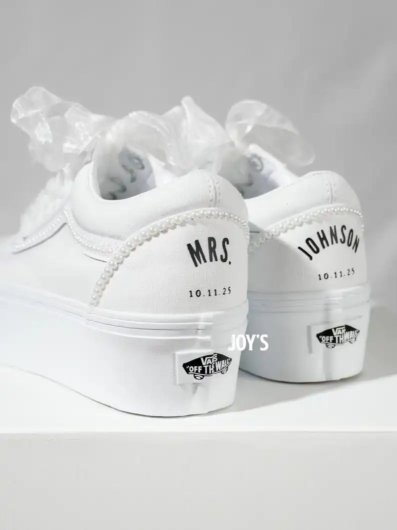 Custom Air Force 1 White Pearl Decor Platform Wedding Bridal Shoes, Personalized Name & Wedding Date Organza Bow Lace Bride Custom Sneakers Wedding Gift