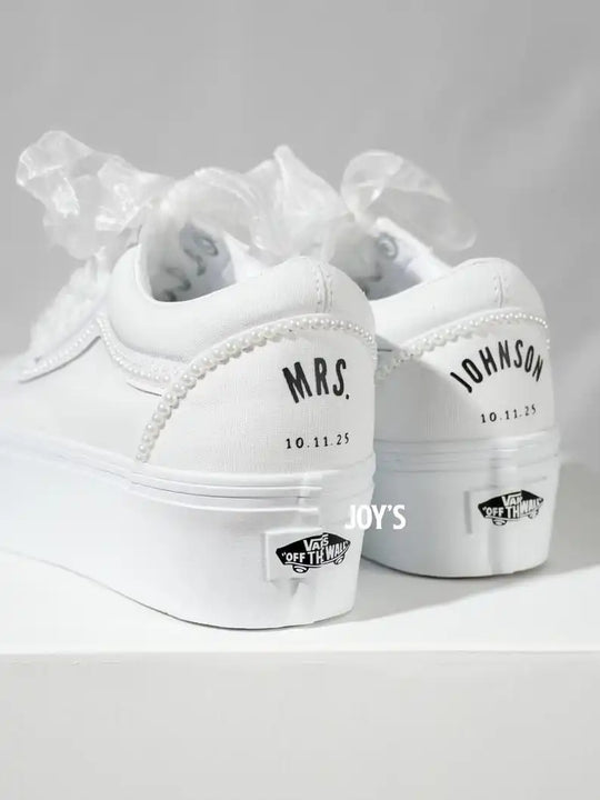 Custom Air Force 1 White Pearl Decor Platform Wedding Bridal Shoes, Personalized Name & Wedding Date Organza Bow Lace Bride Custom Sneakers Wedding Gift