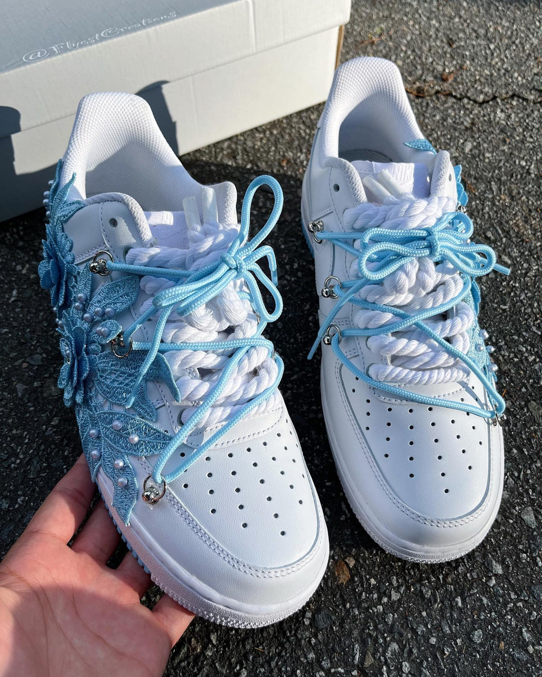 Hand Painted Blue Floral Pearl Custom Air Force 1 Sneakers