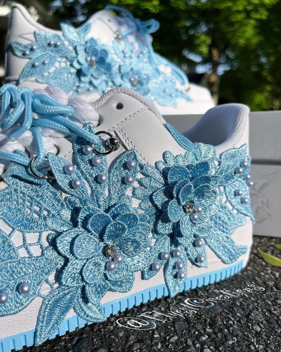 Hand Painted Blue Floral Pearl Custom Air Force 1 Sneakers
