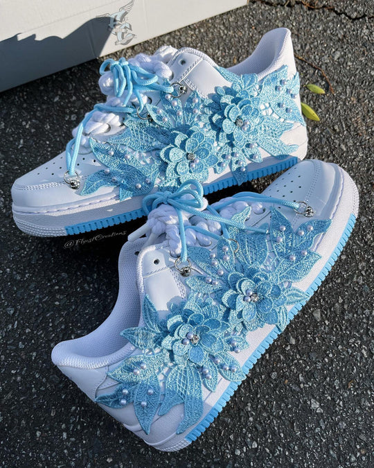 Hand Painted Blue Floral Pearl Custom Air Force 1 Sneakers