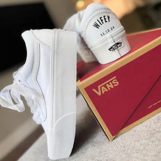 Custom Air Force 1 White Pearl Decor Platform Wedding Bridal Shoes, Personalized Name & Wedding Date Organza Bow Lace Bride Custom Sneakers Wedding Gift